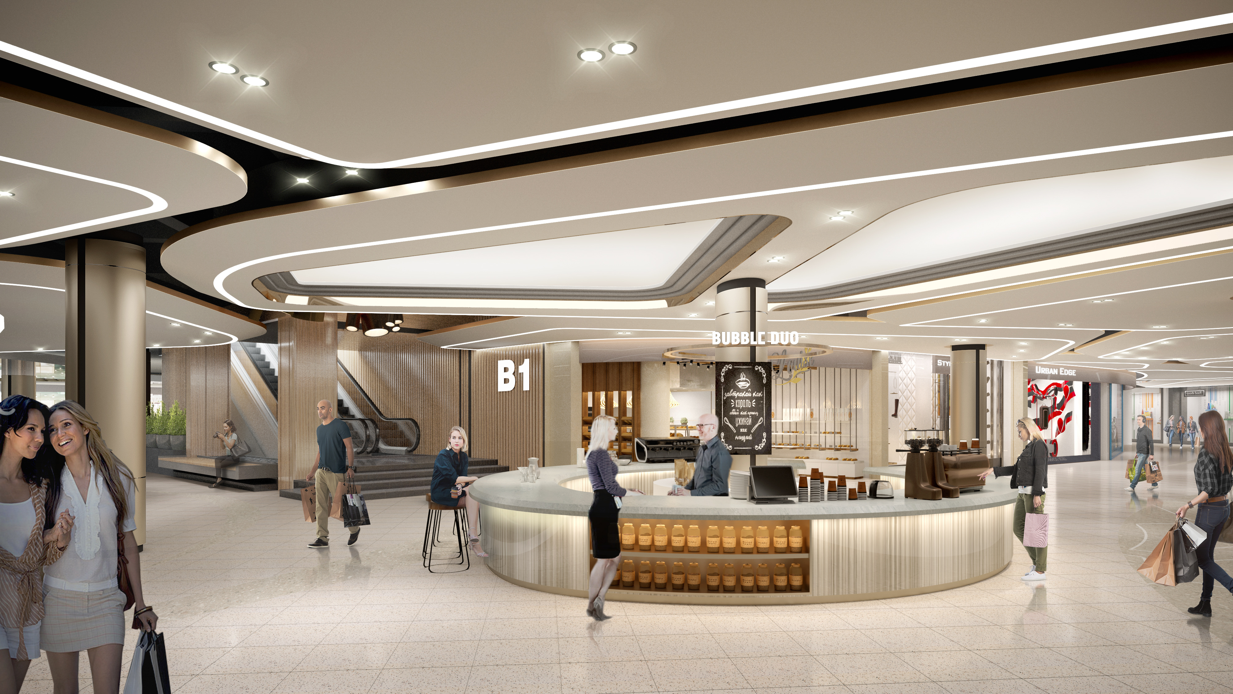 现代购物中心内部多层结构，透明玻璃天窗顶棚和扶梯连接各楼层。