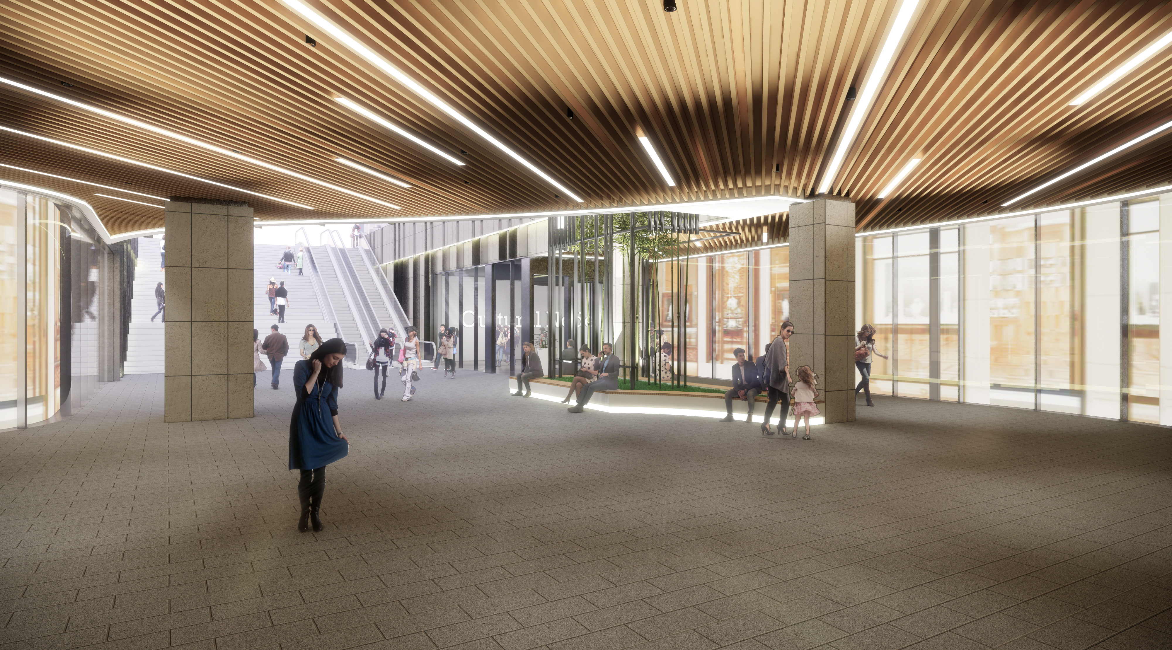 现代购物中心内，人们在明亮的走廊中行走，天花板装饰有圆环形灯光，商店包括Calvin Jeans和DISSONA。