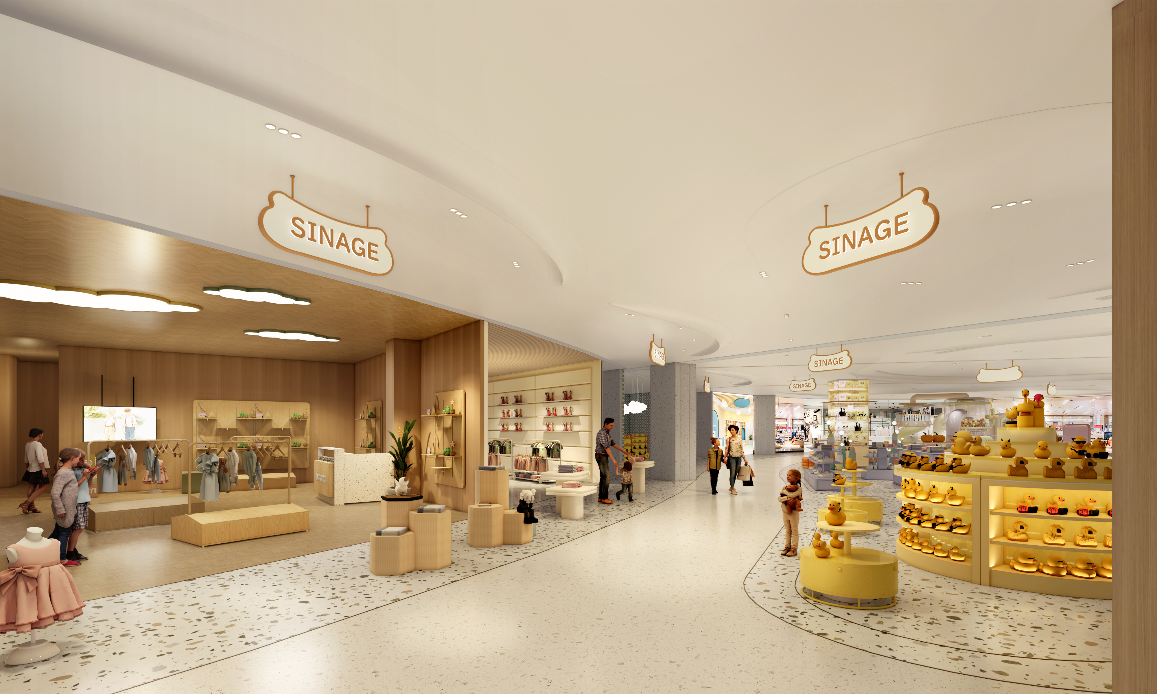 现代购物中心内，人们在明亮的走廊中行走，天花板装饰有圆环形灯光，商店包括Calvin Jeans和DISSONA。