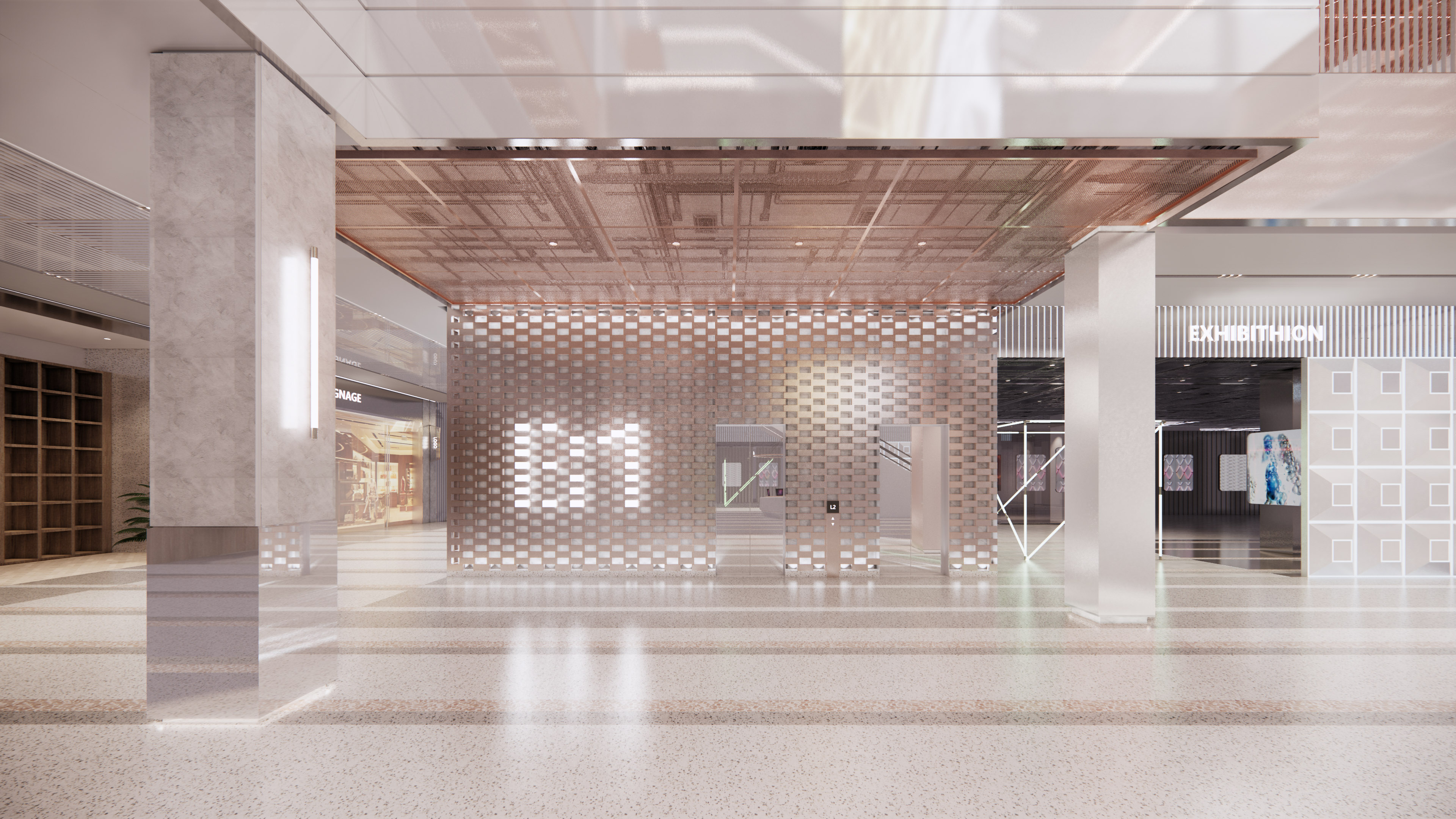 现代购物中心内部多层结构，透明玻璃天窗顶棚和扶梯连接各楼层。