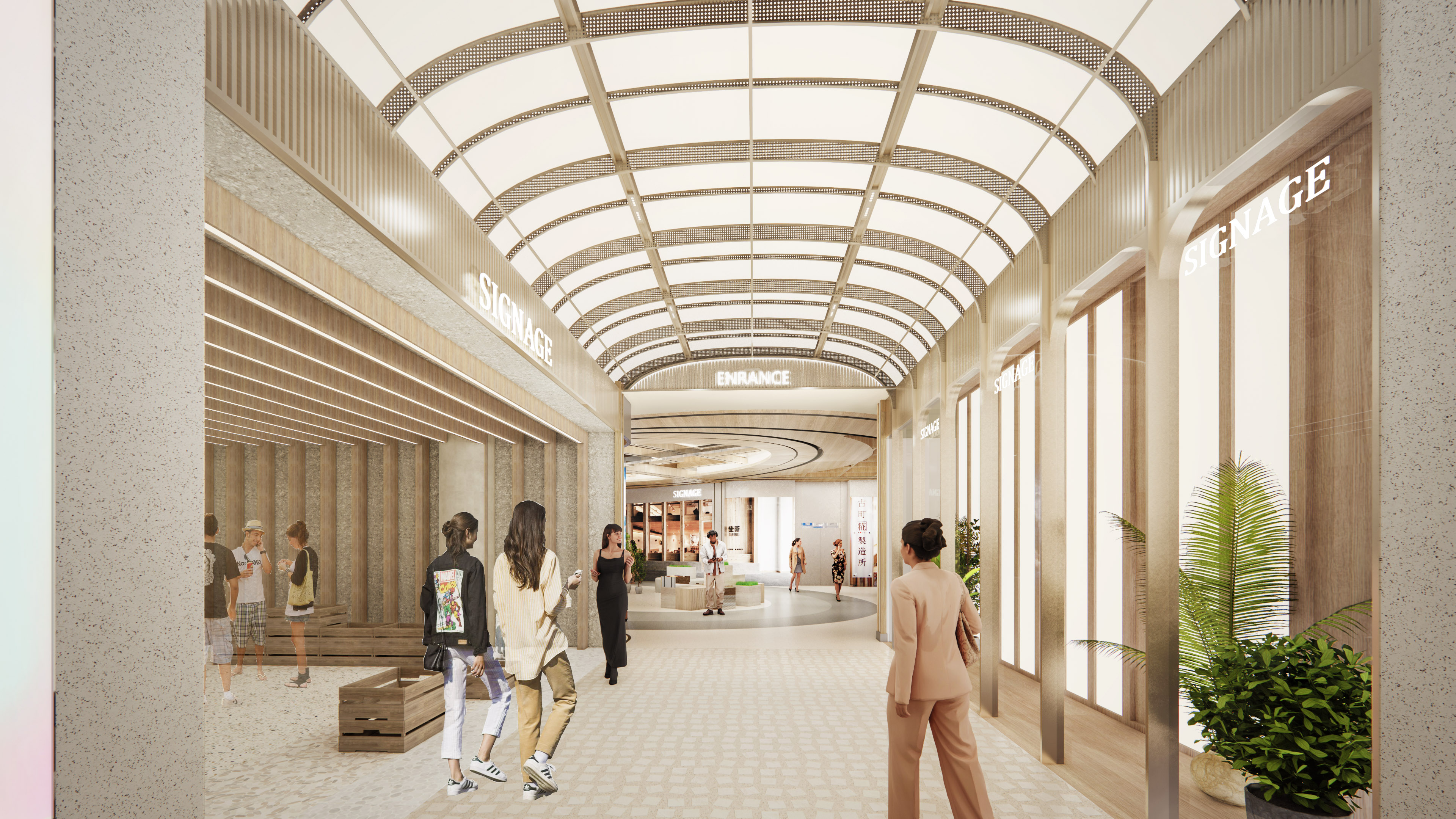 购物中心内现代圆形天花板，中央区域有三角形镜面装饰，周围环绕暖色灯光。