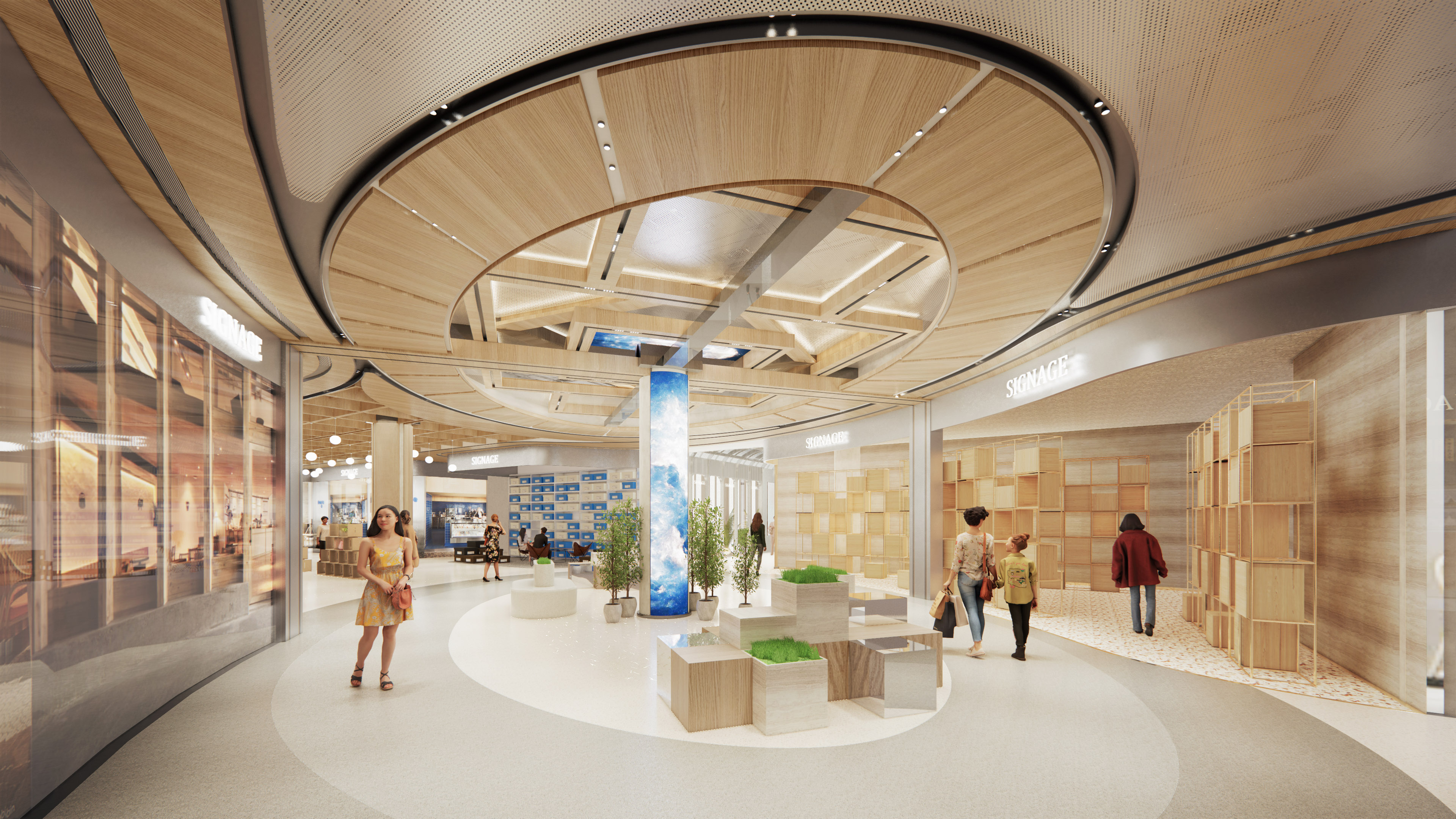 现代购物中心内，人们在明亮的走廊中行走，天花板装饰有圆环形灯光，商店包括Calvin Jeans和DISSONA。