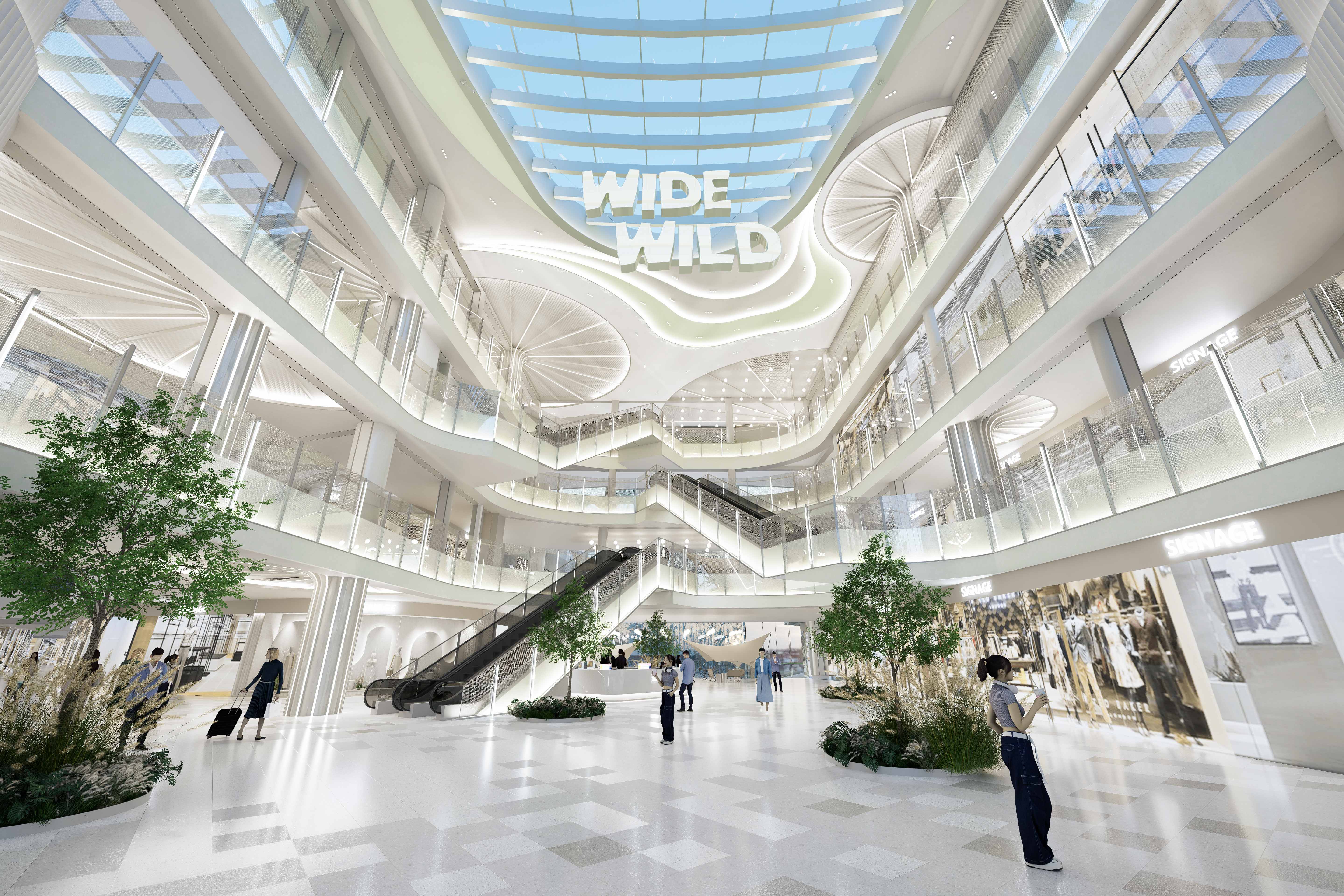 现代购物中心内部多层结构，透明玻璃天窗顶棚和扶梯连接各楼层。