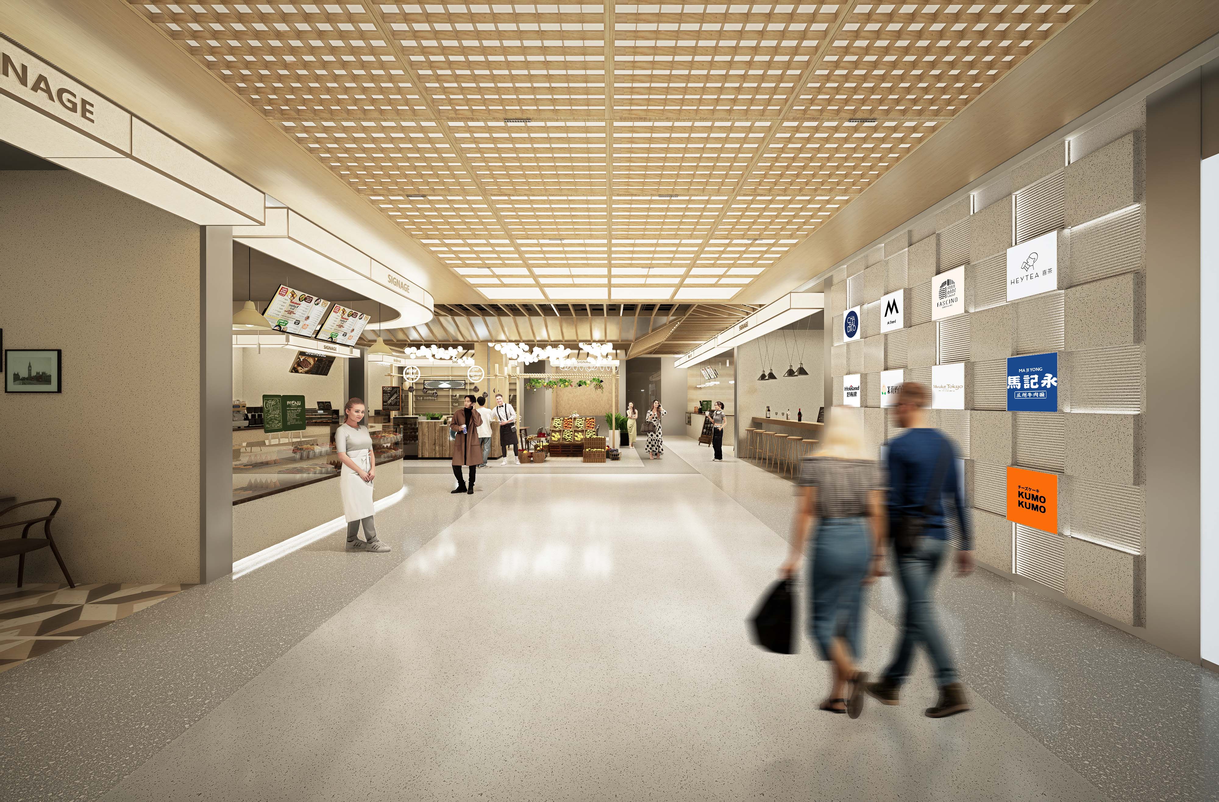 购物中心内现代圆形天花板，中央区域有三角形镜面装饰，周围环绕暖色灯光。