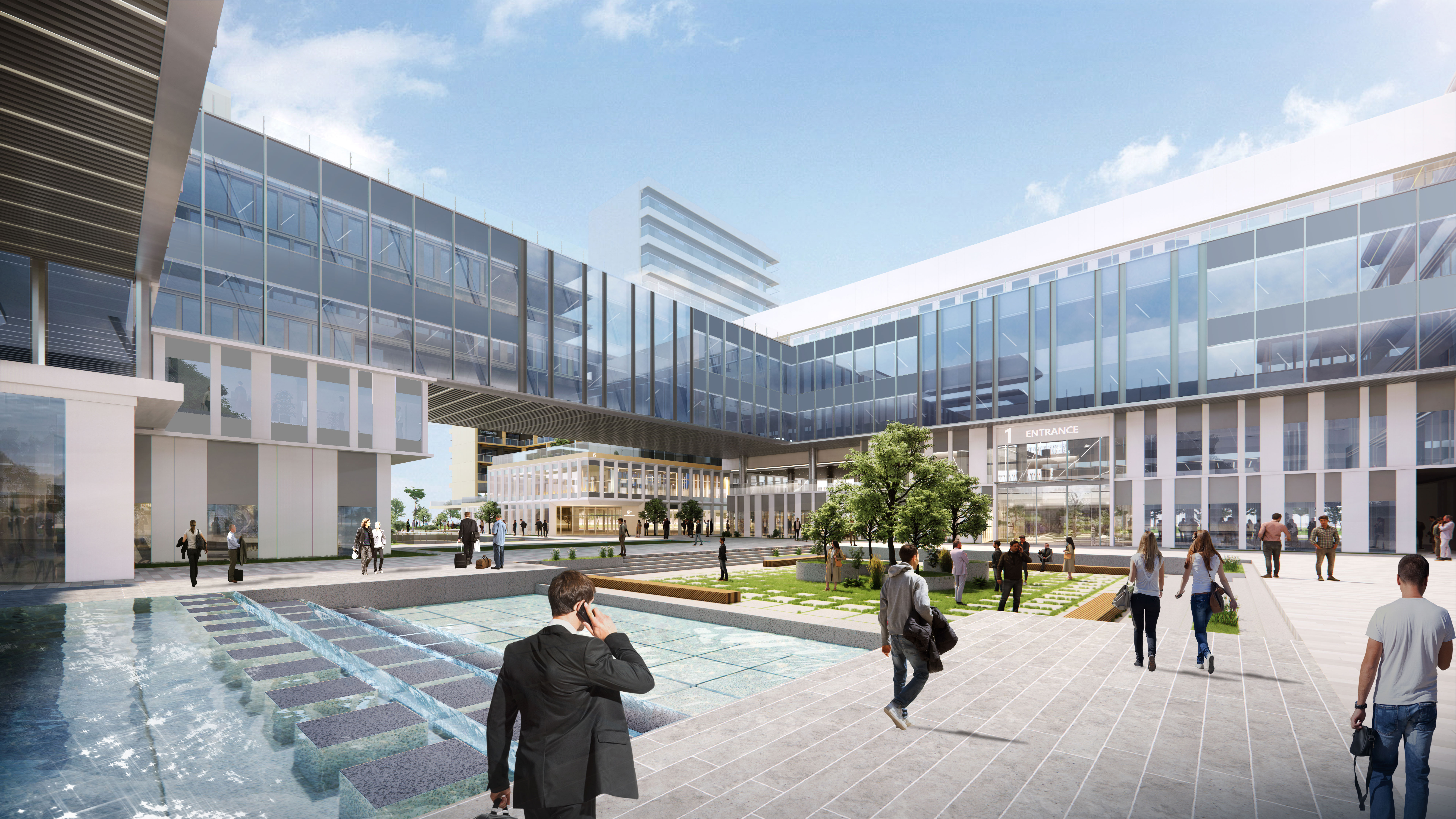 现代购物中心内，人们在明亮的走廊中行走，天花板装饰有圆环形灯光，商店包括Calvin Jeans和DISSONA。