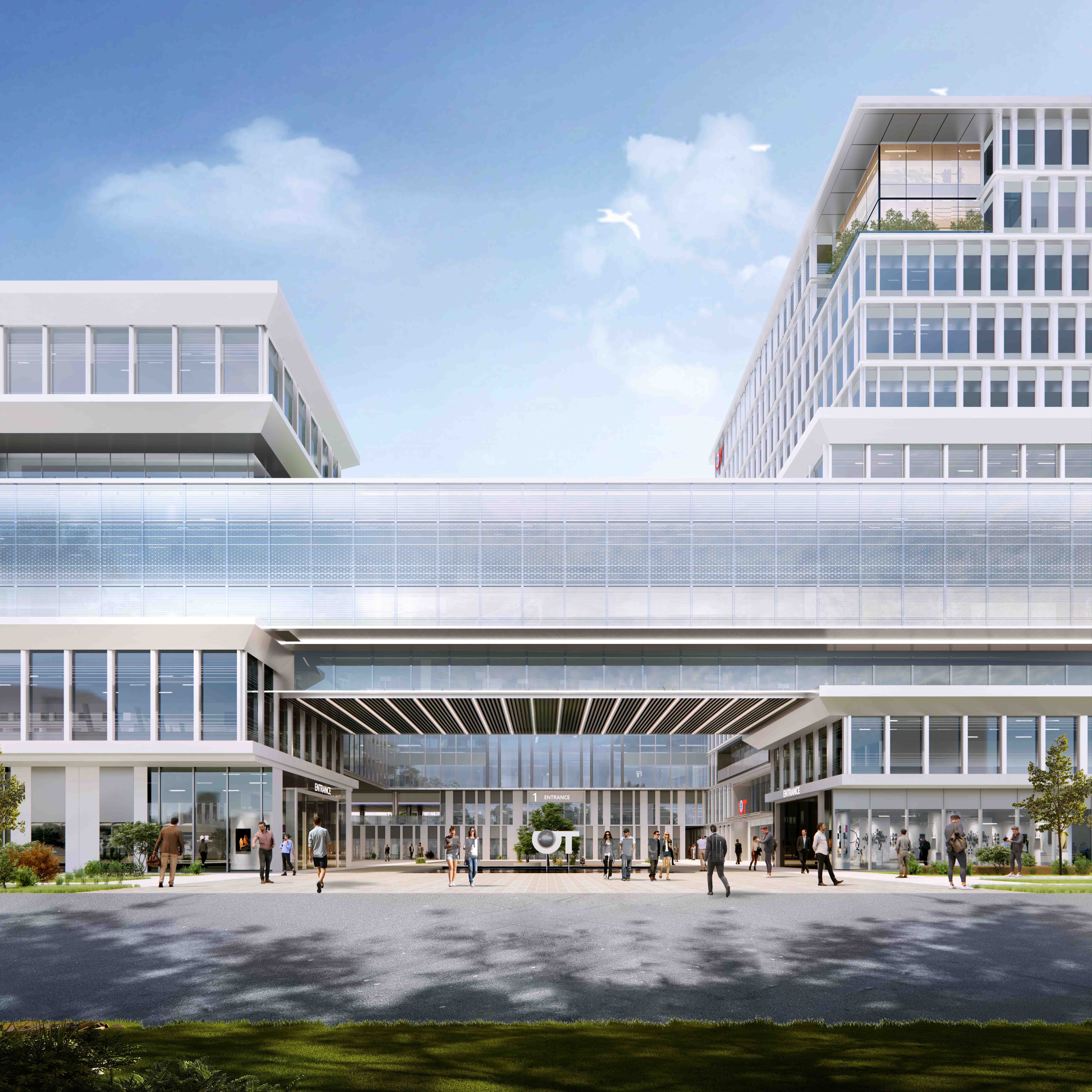 购物中心内现代圆形天花板，中央区域有三角形镜面装饰，周围环绕暖色灯光。