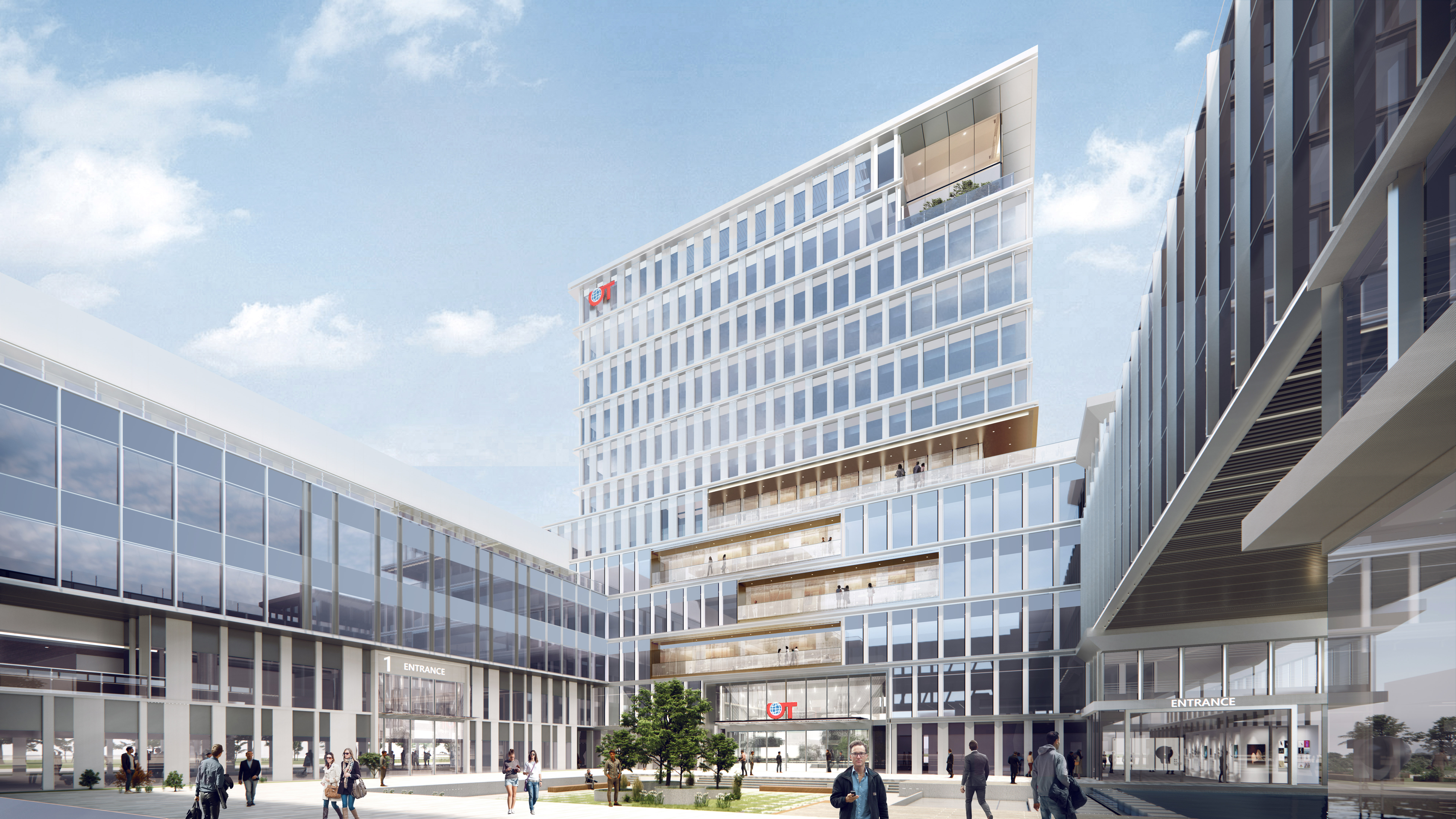 现代购物中心内部多层结构，透明玻璃天窗顶棚和扶梯连接各楼层。