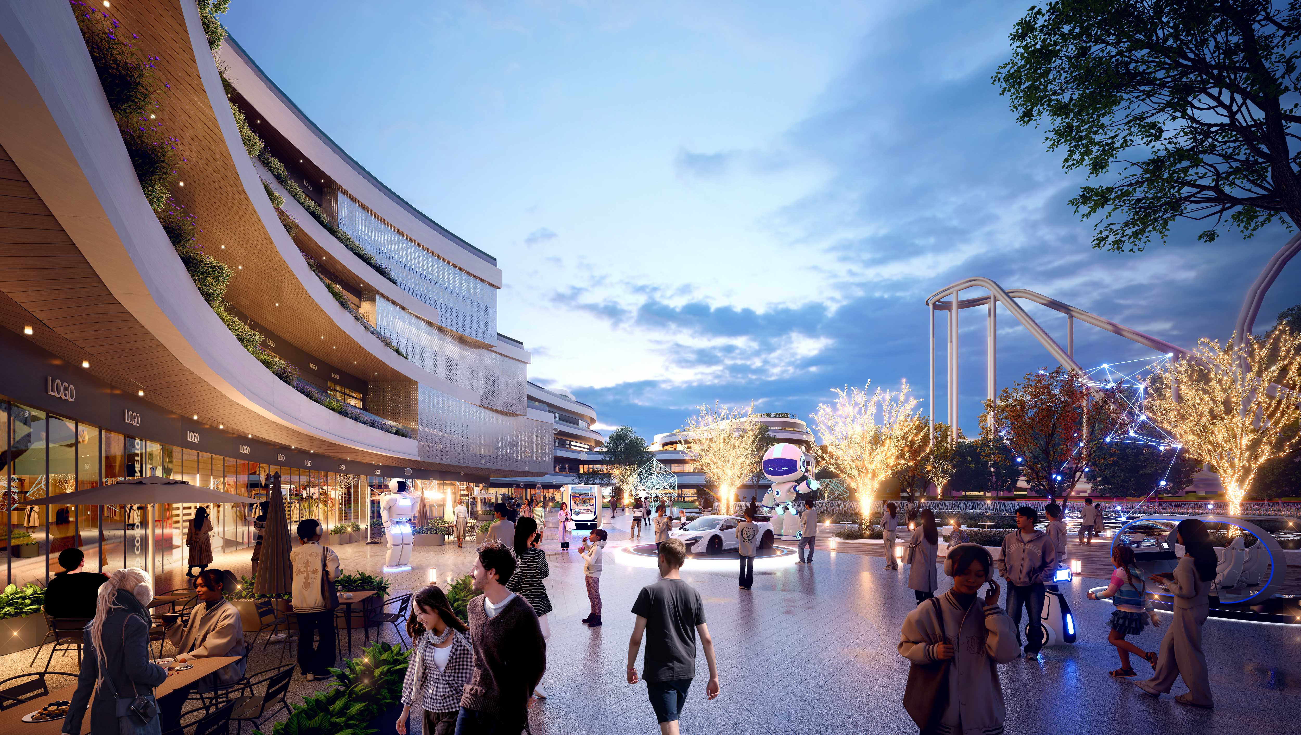 购物中心内现代圆形天花板，中央区域有三角形镜面装饰，周围环绕暖色灯光。