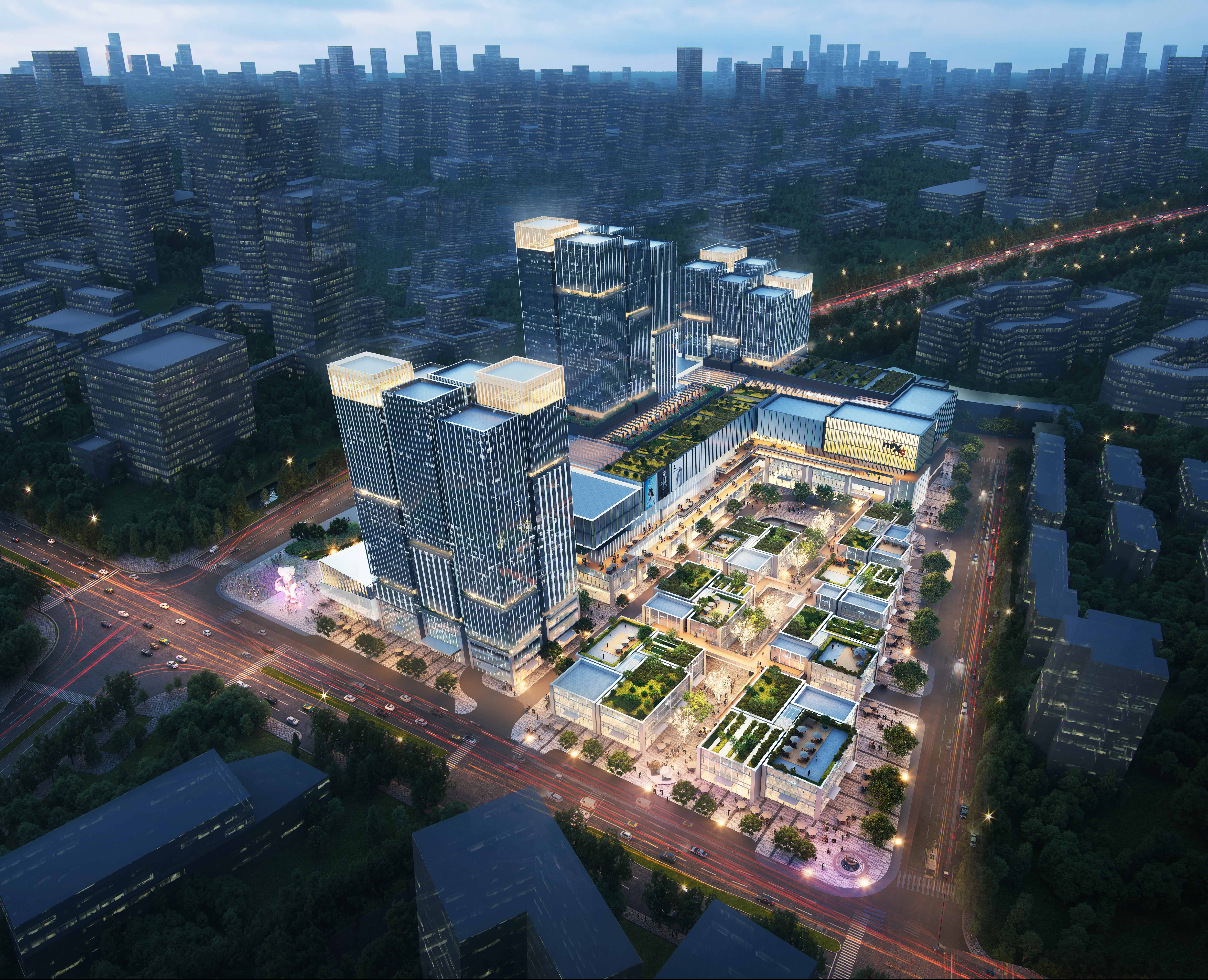 现代购物中心内，人们在明亮的走廊中行走，天花板装饰有圆环形灯光，商店包括Calvin Jeans和DISSONA。