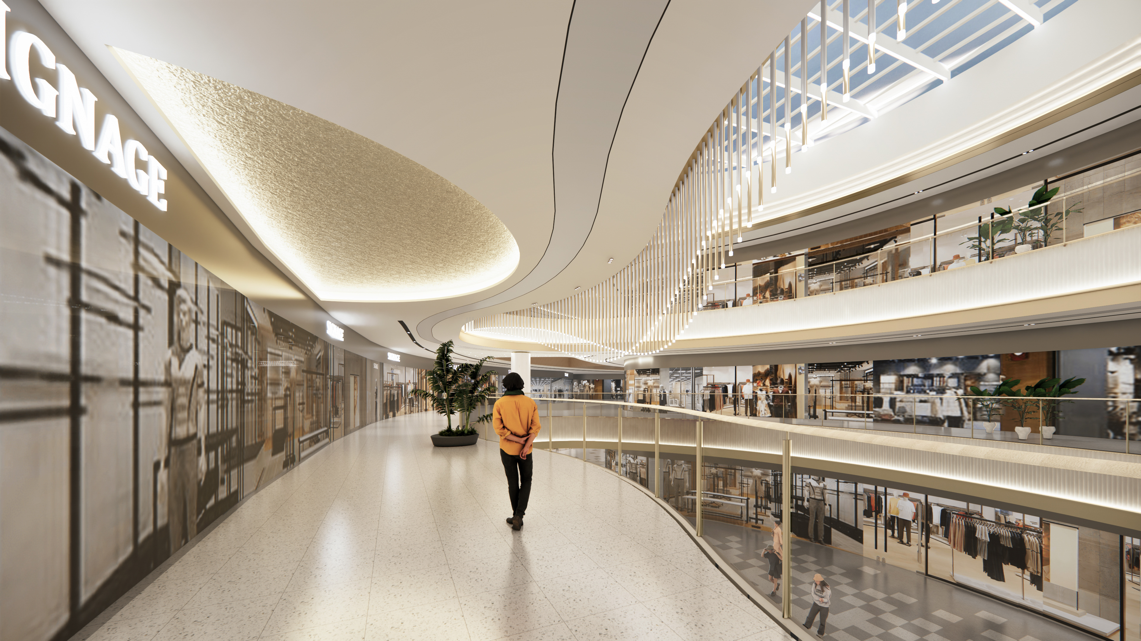 现代购物中心内，人们在明亮的走廊中行走，天花板装饰有圆环形灯光，商店包括Calvin Jeans和DISSONA。