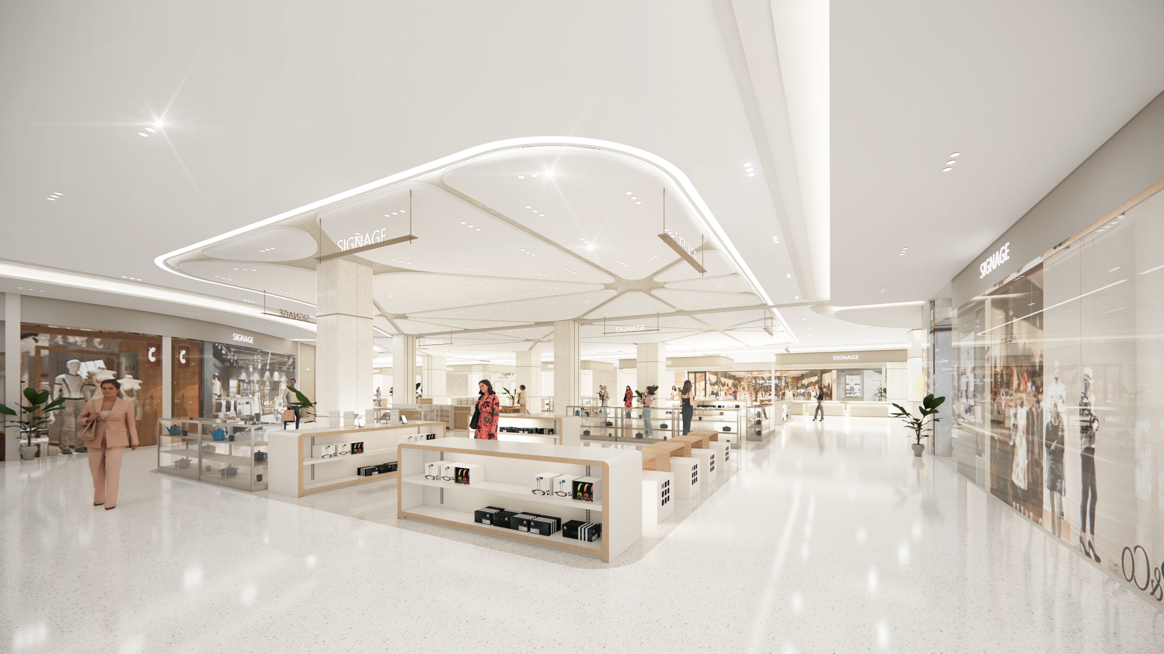 现代购物中心内部，中央有大型玻璃穹顶和多层环绕商铺，右侧有自动扶梯。