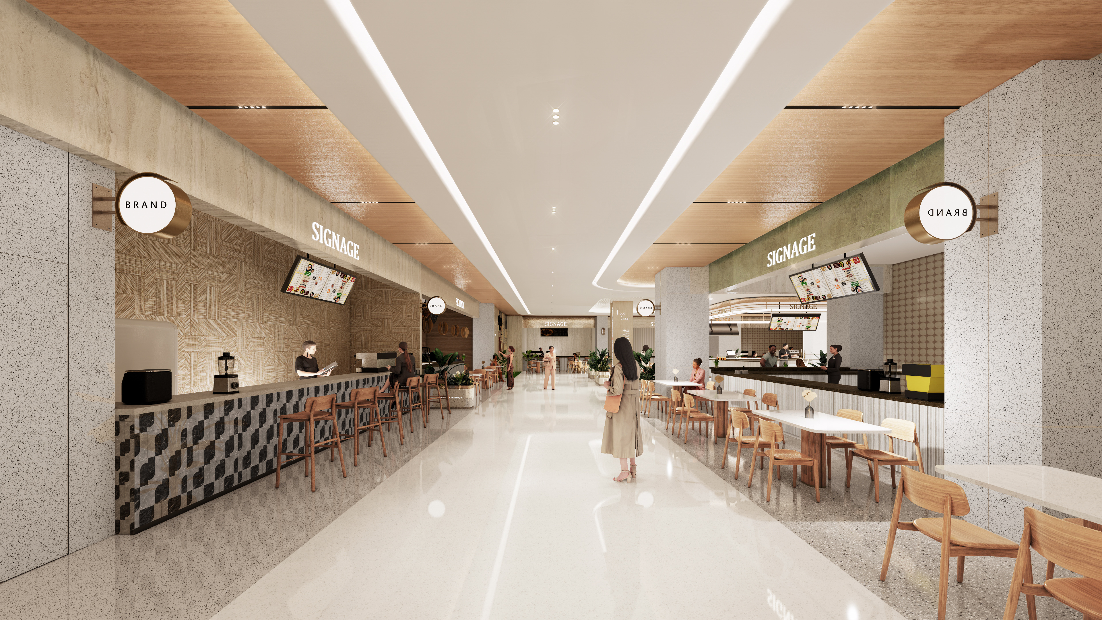 现代购物中心内，人们在明亮的走廊中行走，天花板装饰有圆环形灯光，商店包括Calvin Jeans和DISSONA。