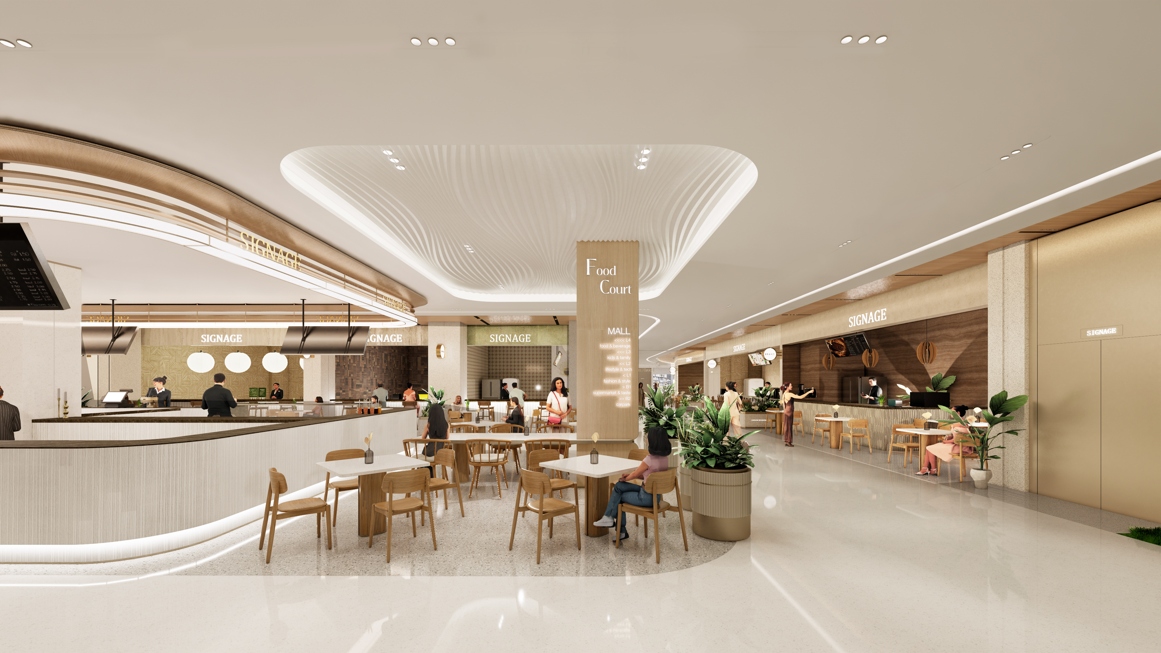 购物中心内现代圆形天花板，中央区域有三角形镜面装饰，周围环绕暖色灯光。